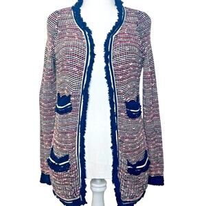 Anthropologie Moth Women's Cardigan Medium Tweed Knit Fringe Pocket Sweater Pink